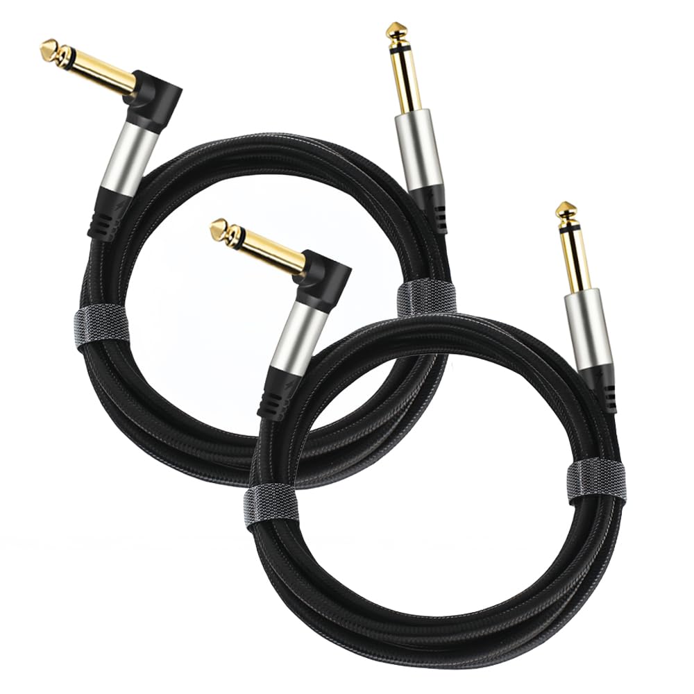 Adoerpai 2-Pack Guitar Cables 1/4 Inch 6.35mm Male to Male Jack Right Angle to Straight Nylon Braided TS Mono Instrument Cable (6.6FT)
