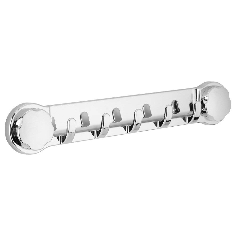 Fdit Chrome Powerful Vacuum Suction Cup Towel Holder Wall Mount Coat Bath Towel Hook Hanger Rail Bar With 5 Hooks For Towels Robes Clothing