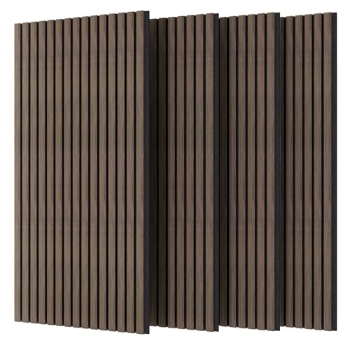 VOUNOT® 4x Paneles Acústicos Decorativos MDF 120x60x2,1cm con Fieltro Poliéster Insonorización Acústica Pared Absorción de Sonido Pared de Láminas Listones 3D para Salón Despacho Encimera Roble Oscuro