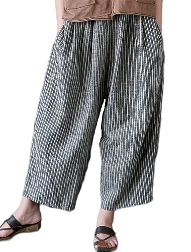 Minibee Women's Cotton Linen Striped Wide Leg Harem Pants, Stripes-Black, L