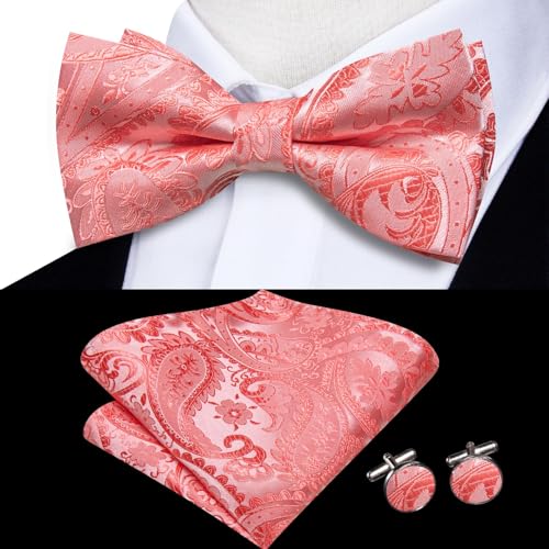 Image of Hi-Tie Bow Tie Men Pre Tied Bowtie Pocket Square Cufflinks Lapel Pin Formal Wedding Bow Ties for Men Party Tuxedo Bowtie Set,Coral Pink Paisley Floral
