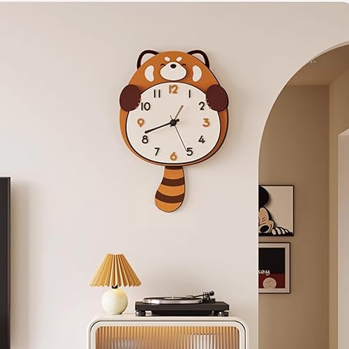 Reloj de pared con péndulo de panda rojo, lindo reloj de pared silencioso sin tictac con forma de animal para habitación de niños, hogar, oficina,
