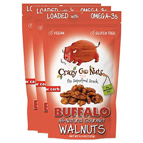 Crazy Go Nuts Walnuts Buffalo - Glazed Walnuts, Healthy Snacks, Vegan, Low Carb, Gluten Free, Superfood-Natural, Non-GMO, ALA, Omega 3 Fatty Acids, Good Fats, and Antioxidants - 4.5 Oz, 3-Pack