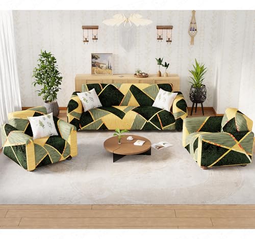 Image of Lukzer 5 Seater Sofa Cover - Dark Green Prism | Sofa Cover 3+1+1 Seater | 360 Fully Covered Anti-Slip Washable Couch Cover Protecter | 140 GSM Stretch Fit Polyester + Spandex Slipcover (SC-035-05)
