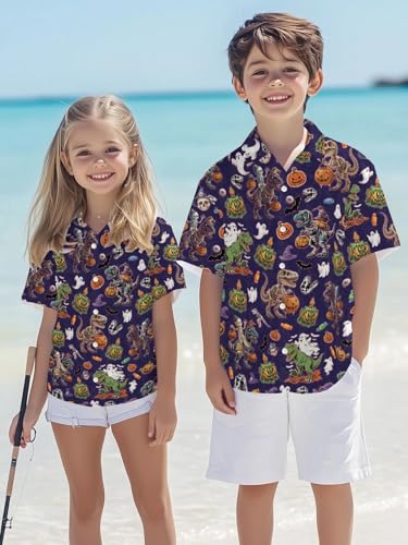 Boys Girls Hawaiian Shirt Funny Dinosaur Aloha Short Sleeve Summer Beach Vacation Tropical Button Down Shirt for 5-14 Years4