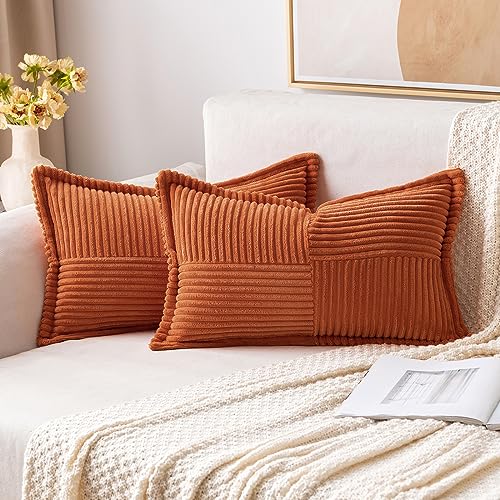 Image of MIULEE Fall Rust Decorative Lumbar Throw Pillow Covers for Couch Bed Livingroom 12x20 Inch Set of 2 Boho Accent Throw Pllows Broadside Striped Patchwork Soft Corduroy Pillowcases, Terracotta