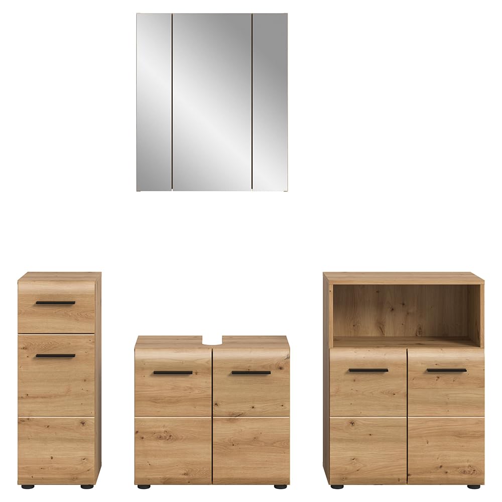 Lomadox Badezimmer Badmöbel-Set 4-teilig in Eiche, mit 2 Unterschränke, 1 Spiegelschrank mit 3D-Funktion & 1 Waschbeckenschrank