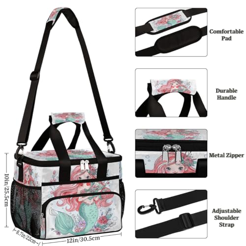 Marine Mermaid Insulated Picnic Backpack Lunch Box for Women Men Picnic Basket Tote Lunch Bag Picnic Bag Portable Lunch Bags for Picnic, Beach, Work, Trip,Office, Camp Mermaid and Flowers
