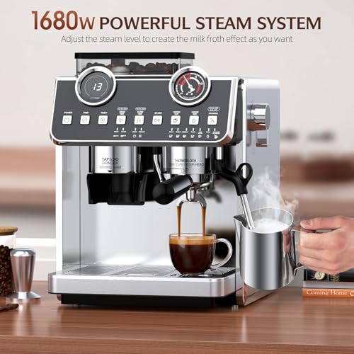 QJA Espressomaschine mit Mahlmaschine, professionelle Espressomaschine mit 20 Druckstangen mit 30 Mahlstufen, Siebträger 58 mm, Dampfstab gegen Verbrühungen, für Kaffee 6 QJA Espressomaschine mit Mahlmaschine, professionelle Espressomaschine mit 20 Druckstangen mit 30 Mahlstufen, Siebträger 58 mm, Dampfstab gegen Verbrühungen, für Kaffee