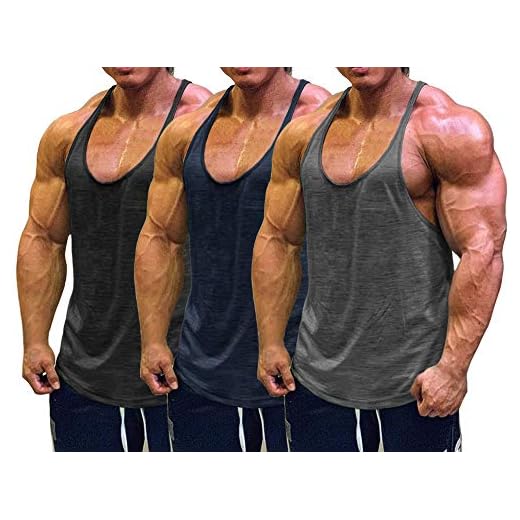 Muscle Cmdr Men's 3 Pack Stringer Tank Tops Bodybuilding Y-Back T-Shirts Gym Fitness (Black,Grey,Blue,Thin Shoulder, M)