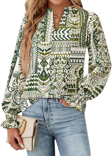 MASCOMODA Womens V Neck Floral Long Sleeve Tops 2025 Summer Casual Loose Puff Sleeve Chiffon Boho Work Blouse Dressy T Shirts