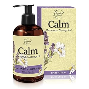 Calm Massage Oil with Lavender & Chamomile Essential Oils to Relax Sore Muscles – for Massage Therapy & Home use – with Coconut, Grapeseed & Jojoba Oils for Smooth Skin– Brookethorne Naturals – 8oz