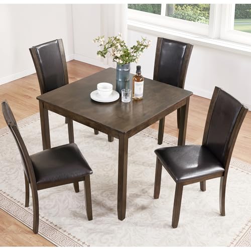 Image of KEIKI 5-Piece Standard Height Dining Table Set with Square Table, 4 Upholstered Chair, for 4 Person, Farmhouse Rustic Style Table Set, Easy Assembly, for Kitchen, Dining Room, Dark Walnut