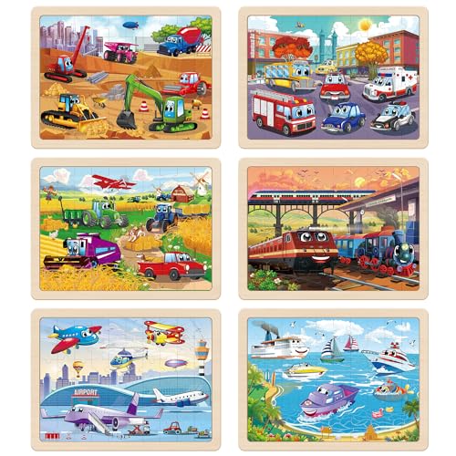 Synarry AMZ-0062 Wooden Vehicle Puzzles For Kids Ages 4-6, 6 Packs 60 Pcs Jigsaw Puzzles Preschool Educational Toys Gifts For Children Ages 4-8, Kids Puzzles For 4+ Year Olds Boys Girls thumb #1