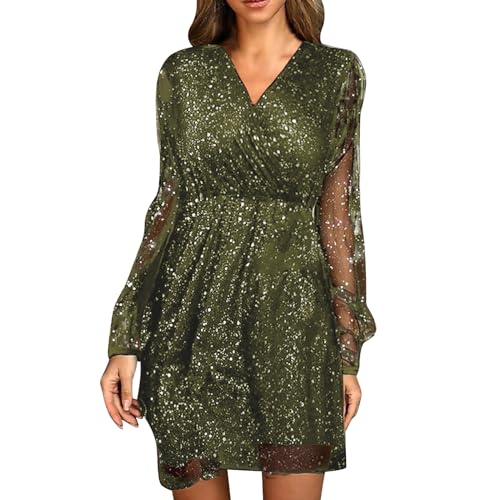 MJGkhiy Kurzes Kleid Pailletten Damen Elegantes Hochzeitskleid Curvy Gold Weihnachtskleid Langarm Kleid für Neujahr Grün V-Ausschnitt Brautkleider...