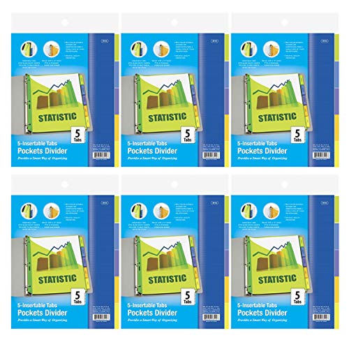 Kicko 3-Ring Binder Dividers - Pack of 6 Pocket Dividers with 5 Insertable Color Tabs - School and Office Supply, Document and Letters Organizer, Arts and Crafts