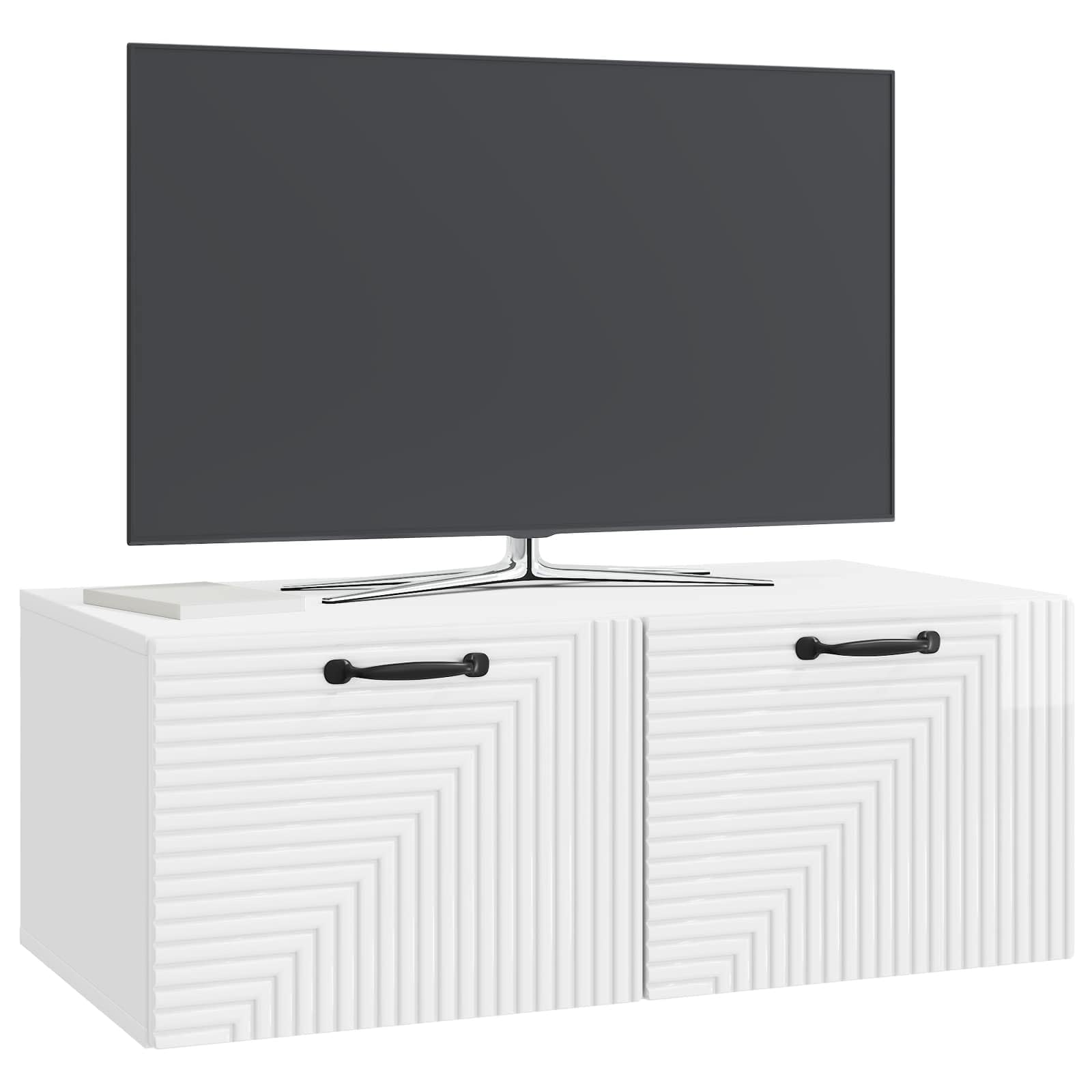 Mobile TV da parete, bianco lucido, 78,5 x 41 x 30 cm, con vano portaoggetti, ante girevoli, in legno, salvaspazio, sospeso, per soggiorno, angolo gaming, moderna credenza