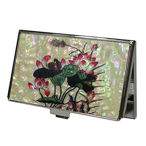 Madre de Perla Rosa de flor de loto hojas pájaro azul bloqueo RFID Protección Tarjeta de negocio nombre de crédito titular caso Metal acero inoxidable grabado Slim bolso bolsillo efectivo dinero cartera