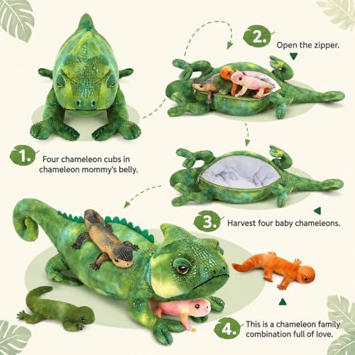 Image of Lizard Stuffed Animal with 4 Babies, 27 inch Chameleon Plush, Green