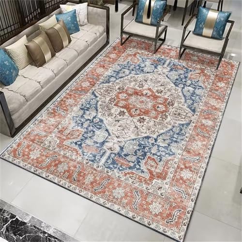 Tapis salon pas cher lavable en machine style fleurs vintage bleu gris