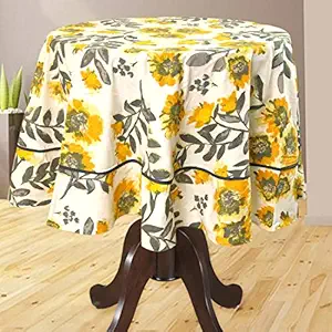 Bilberry Furnishing By Preeti Grover Cotton, Decorative Hand Made Cotton Round Floral Digital Printed 4-6 Seater Dinning Table Cover (Yellow and Grey, 72 Inches)