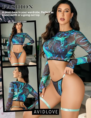 Avidlove Lingerie Sets for Women Sexy Rave Outfits Festival Mesh Long Sleeve Crop Tops Bra and Panty Sets3