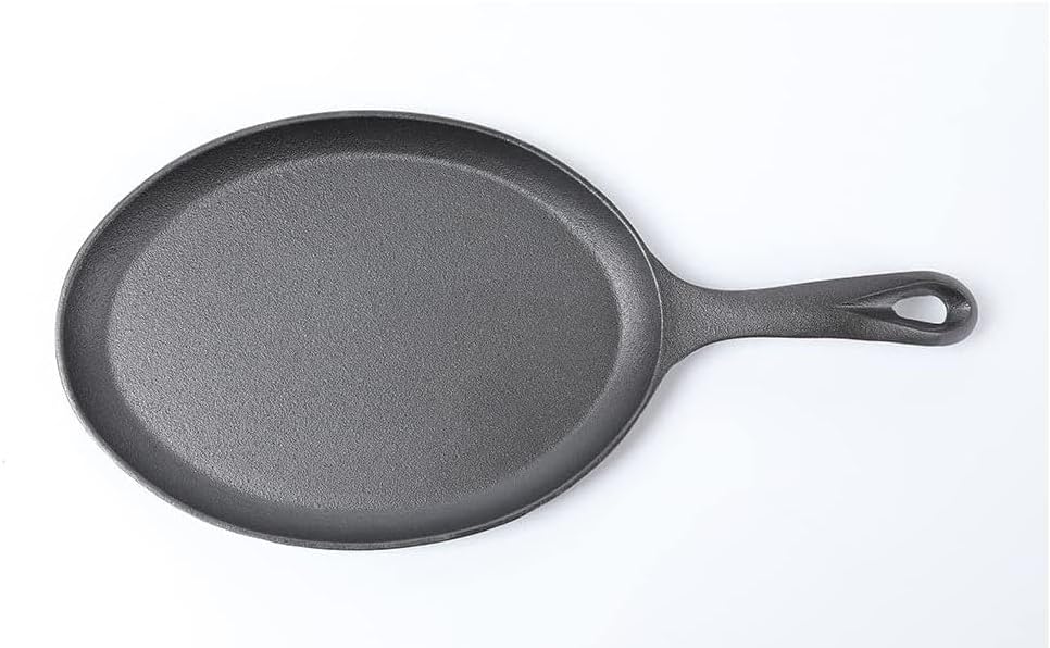 Soro Essentials- 7" x 9.25" Oval Fajita Griddle Cast Iron Sizzler Pan with Teardrop Handle Black Color- Pre-Seasoned Sizzle Platter Use in the Oven on the Stove on the Grill or Over a Campfire