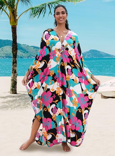 Image of Yanziliu Kaftan Dress for Women,Plus Size Hawaiian Batwing Sleeve Beach Cover Up Summer Swimsuit Dresses