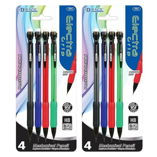 BAZIC Products Mechanical Pencil 0.7mm Electra Soft Grip, Smooth Writing Pencils Lead, Latex Free Eraser, for Drafting Drawing Sketching (4/Pack), 1-Pack