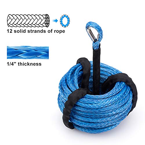 Winch Rope 1/4''x50' Synthetic Winch Cable Blue Winch Rope 7500+ LBs with Sheath for atvs Winches ATV UTV SUV Truck Boat Ramsey Nylon Winch Rope Extension