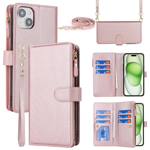 Cavor Cover Compatibile con iPhone 15 Plus con Cordino,Flip Portafoglio Custodia in Pelle,[9 Porta Carte][Magnetico],Custodia Libro Cover con Laccio Compatibile con iPhone 15 Plus - Oro Rosa