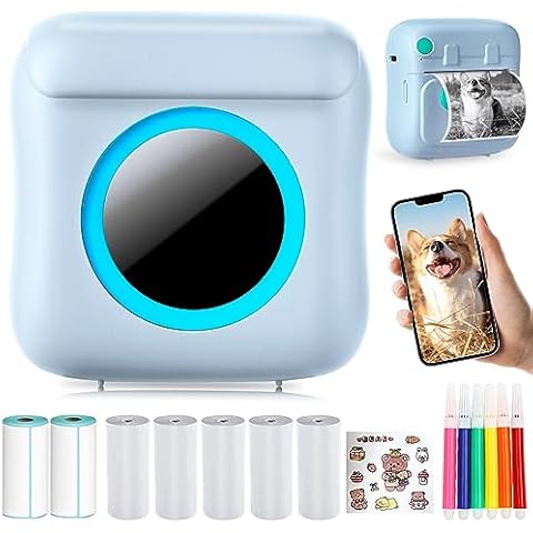 Mini Printer Portable for Smartphone, Wireless Thermal Printer Photo Printer with 7 Rolls of Paper, Inkless Pocket Printer Bluetooth Smart Printer for Picture, Receipt Label, Note, QR Code Printing Cover