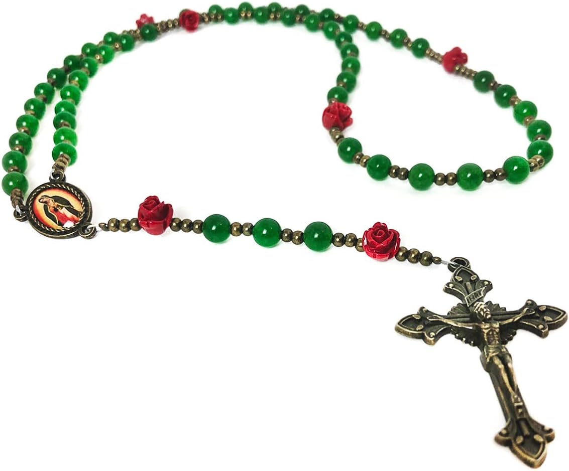 Our Lady of Guadalupe Emerald Green Jade Stone and Red Rose Rosary - Image 4