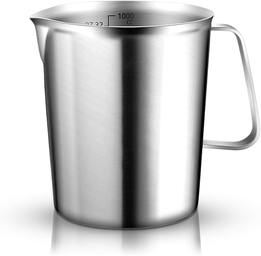 Measuring Jug Stainless Steel 1L - 304 Stainless Steel Measuring Cup 1 Litre with Handle, Litre Measure & Scales (ML/OZ) Milk Jug Dishwasher Safe for Kitchen, Latte Art & Baking