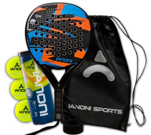 ianoni Padel Racket Carbon Fiber Surface with EVA Memory Flex Foam Core Padel -8100 Orange&Blue +Ball and Overgrip