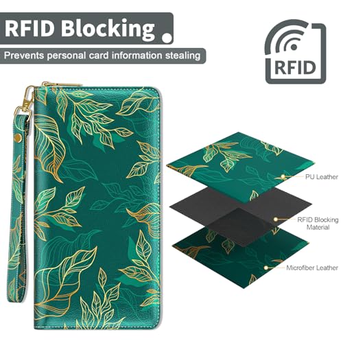 Image of Nipichsha Womens Wallet, RFID Wristlet Wallet for Women, Cute Ladies Purse, Large Credit Card Clutch Wallets, Leather Card Holder Wallets with Zipper & Phone Holder, Luxury Green Leaf, Luxury Green