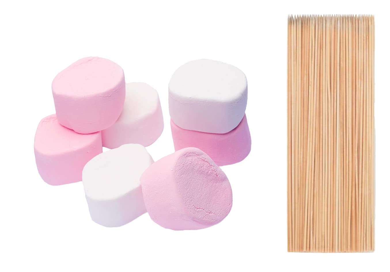Giant American Style Marshmallows with 150 Pack of Wooden BBQ Skewers - Extra Tasty and Extra Fluffy - For Halloween BBQ, Bonfire Roast, Toasting and Smores and Campfire - 1000g