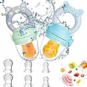 Fruchtsauger Baby, 2 Stück Obstschnuller für Babys ab 3 Monate, 2023 Upgrade Version, Schnuller Zum Befüllen, Breisauger, Obst Schnuller Baby, BPA frei, 8 Silikon Sauger in 3 Größen