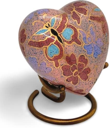 Classic Heart Shape Keepsake Urn for Human Ashes – with Box and Stand - Lovely Brown Floral Design 7 cms high