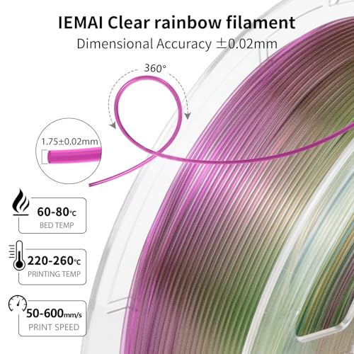 Image of IEMAI Clear Rainbow PETG Filament 1.75mm 1kg, Fast Color Change Gradient 3D Printer Filament with Glossy Transparent Finish for Lampshades, Home Decor & DIY Models