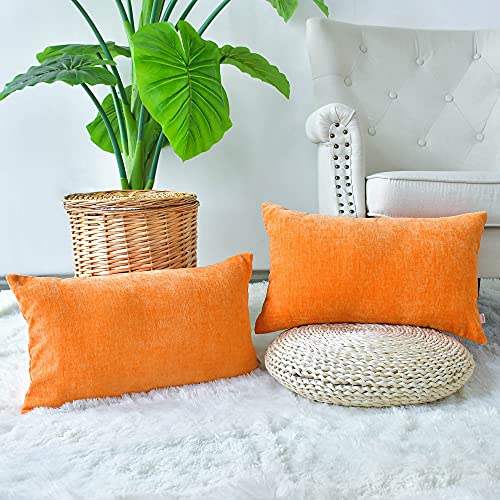 Image of CaliTime Pack of 2 Cozy Bolster Pillow Covers Cases for Couch Sofa Home Decoration Solid Dyed Soft Chenille 12 X 20 Inches Bright Orange