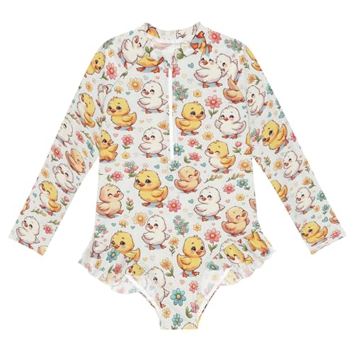 Little Cute Duck Cartoon Flower Girls Long Sleeve Swimsuit Rash Guard One Piece Bathing Suits Zipper 3-12T