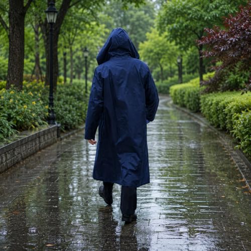 Image of Waterproof Hooded Long Rain Coat for Men, Polyester, Full Sleeves, Regular Fit, Outdoor Riding, Camping & Hiking