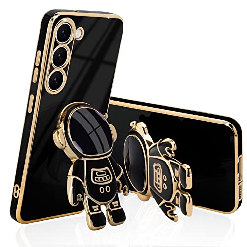 Pepmune Compatible with Samsung Galaxy S23 Case, Cute 3D Astronaut Stand Rectangle Silicone Plating Full Lens Camera Protection Shockproof Soft Back Bumper Cover Phone Case for Samsung S23, Black