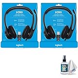 Logitech USB Headset H390 with Noise Cancelling Microphone - Includes Headphone Cleaner with Microfiber Cleaning Cloth - 2 Pack Bundle