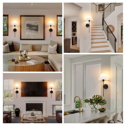 Image of Black Wall Sconces Sets of 2, White Pleated Fabric lampshade Matte Wall Lamp, Column Bracket Wall Lighting, Bathroom Dresser Hardwired lamp Fixture, Applicable to Living Room, Bedroom and Dining Room
