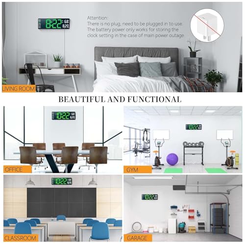 Image of Large-Digital-Wall-Clock Large Display with Remote Control, Automatic Brightness Alarm Clock with Temperature, Date, Week for Living Room Office Decor (16 inch Rectangle Green+White)