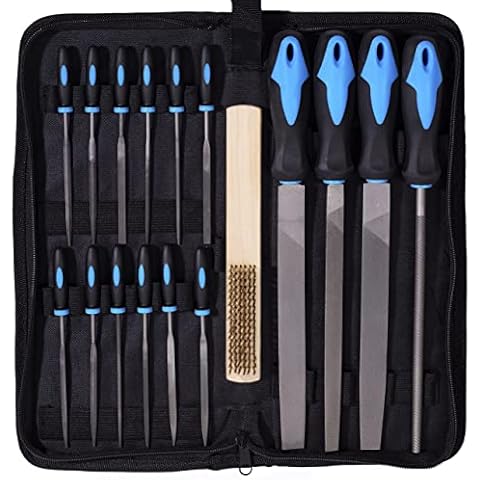 Fordle’s 18-Piece Swiss Needle Hand File Set for Wood & Metal - High Quality Carbon Steel with Ergonomic Non Slip Rubber Handles - Comes with Wooden Steel Cleaning Brush & Extra Riffler Rasp Cover