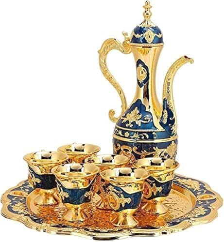 Turkish Coffee Cup Collection, Turkish Teapot and Wine Cup Set, Vintage Turkish Coffee Pot Set with 6 Coffee Cups and Tea Tray Art Crafts Wedding Present
