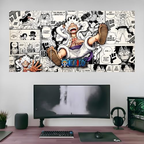 Image of Aniculture One Piece Luffy Gear 5 Split Poster Set of 3, A3 Size Each - Panoramic Anime Wall Art Collage - 300 GSM Ultra HD Print Quality - Self-Adhesive Sun God Nika & Joyboy Panels - 36x16 Inch Large Decor